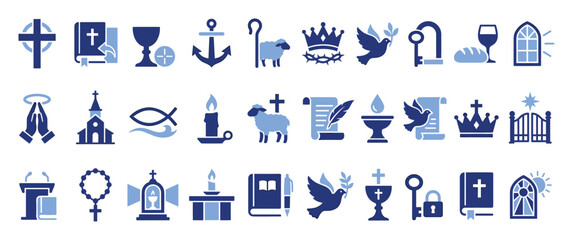 Fototapeta premium Set of Christian faith icons. Religious symbols, church worship, spirituality, baptism, holy communion. Easter, Bible study, gospel elements. Flat graphic vector collection.