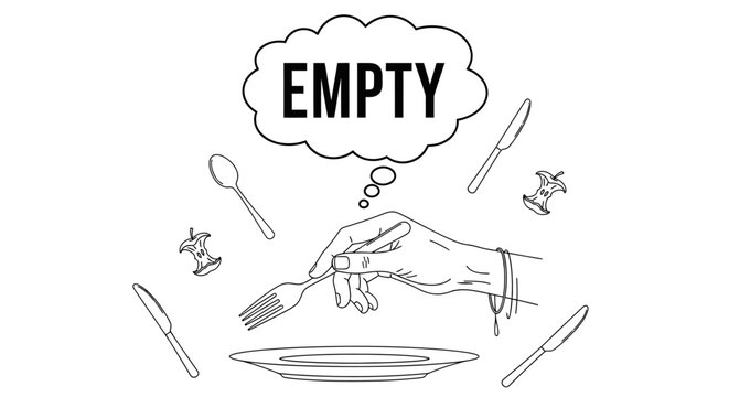 Line art illustration of a hungry hand holding a fork over an empty plate with apple cores, representing hunger, food scarcity, or diet concepts, isolated on a white background.