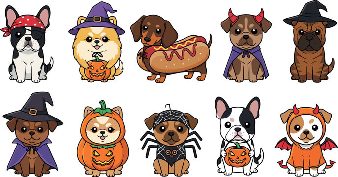 Cute Dogs in Halloween Costumes Collection with Witch, Pumpkin, Devil and Hot Dog Outfit Cartoon Vector Illustration Set