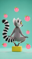 Obraz premium Lemur meditating with floating apples around.