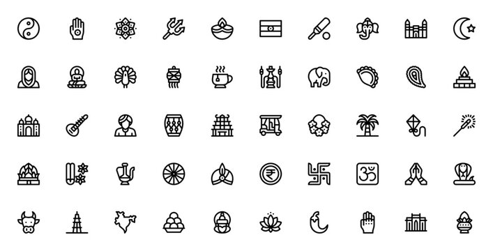 India icon set. Minimal vector icons pack. Featuring symbols of Indian culture, including Yin yang, Jainism, Diwali, Ganesha, Taj Mahal, Lotus, Peacock, Om, Namaste, Cow, Cricket and more.