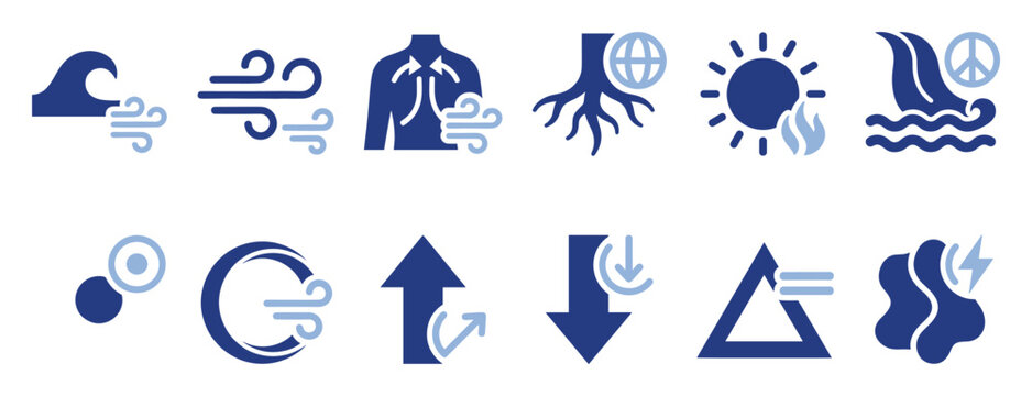 Set of nature and abstract icons. Environment, wind, air, water, sun, earth, roots, energy, breath, peace, cycle, flow, increase, decrease, balance vector symbols.
