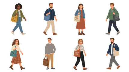 Fototapeta premium Flat Vector Illustration of Diverse People Carrying Reusable Eco Tote Bags, Promoting Sustainable Shopping and Lifestyle