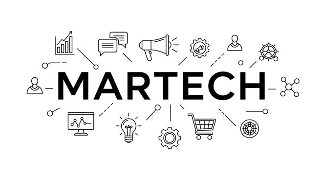 Infographic of Martech concept featuring icons for marketing technology, analytics, communication, and digital strategy isolated on white background.