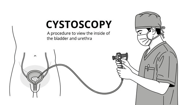 Medical illustration of a doctor performing a cystoscopy procedure to examine the inside of the bladder and urethra using a cystoscope.