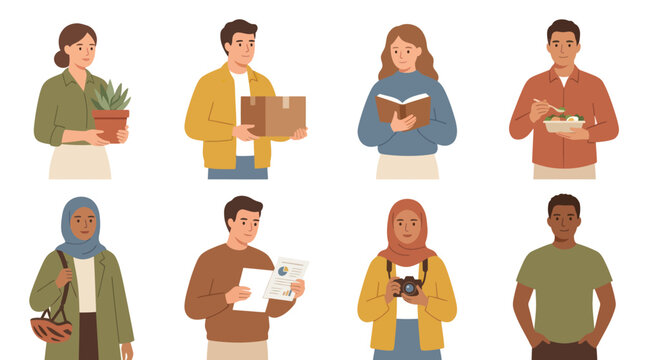 Diverse people, vector illustration, flat art style, holding houseplants, books, food, camera