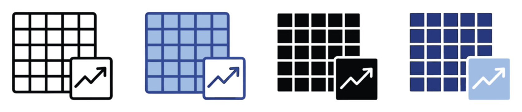 Set of spreadsheet analytics icons. Data grid table with ascending line graph, business growth and financial report. Market trend, performance metric symbols. Outline, solid, filled style vector.