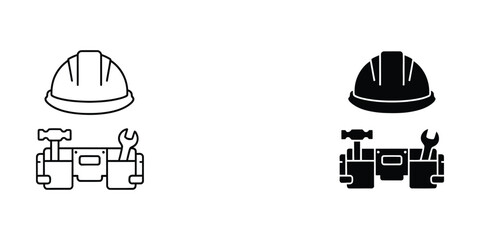 Naklejka premium Hard hat and tool belt icon set in black and white
