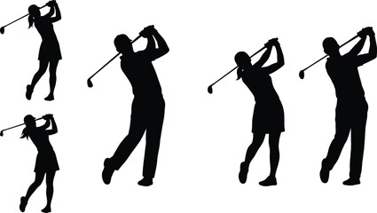 Silhouettes of male and female golfers in post-swing positions holding clubs showcasing athletic balance and sporting lifestyle © MdAsikul