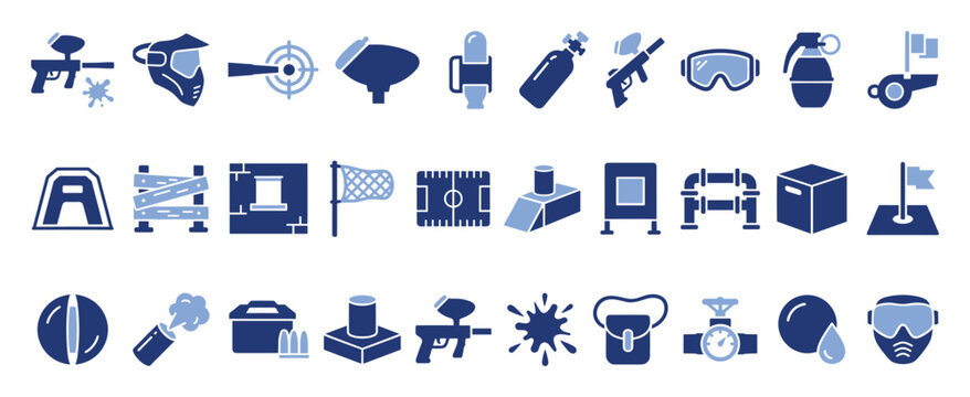 Set of paintball icons. Marker, mask, gear, equipment, field, obstacles, game, sport, activity symbols. Flat style vector pictograms.