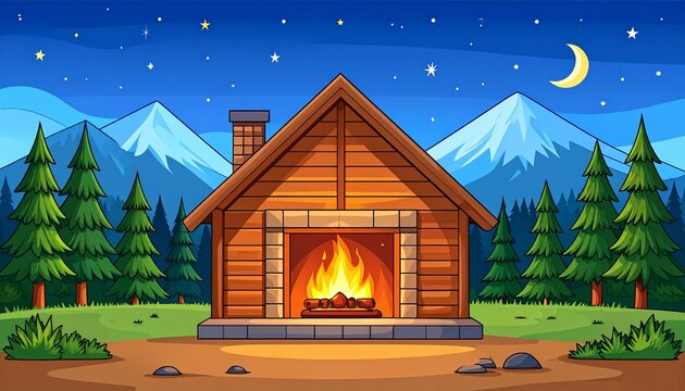 Cozy wooden cabin with warm firelight in forest setting.