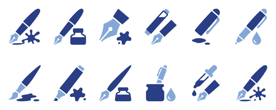 Set of writing instrument icons. Fountain pen, ink bottle, inkblot, brush, marker, dropper symbols. Creative drawing, calligraphy, stationery tools signs.