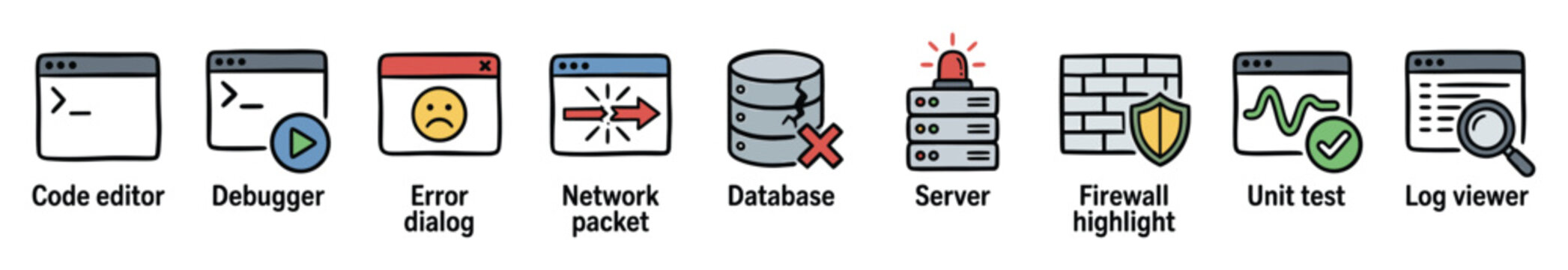 Hand drawn programming and development icons set. Software engineering, code, debugger, error, network, database, server, security, testing, logging symbols. IT tools collection.