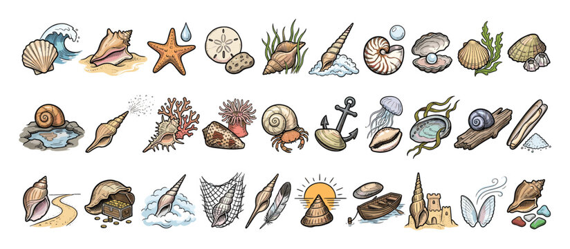Set of seashell icons. Marine life, ocean creatures, beach elements, sea animal symbols. Summer vacation, nautical decor, web, mobile apps.