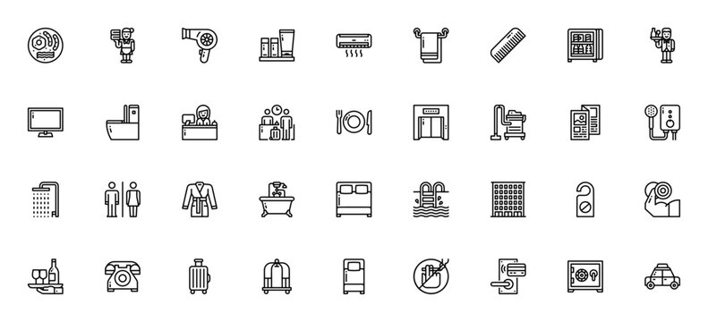 Hotel icon set. Minimal thin line web icons set. Vector illustration. Featuring breakfast, maid, hairdryer, amenities, room service, TV, check in, towel, minibar, shower and more.