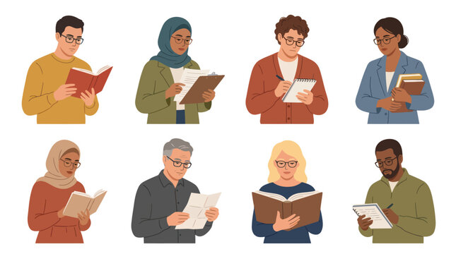 Diverse people reading books and taking notes, flat illustration, education and learning