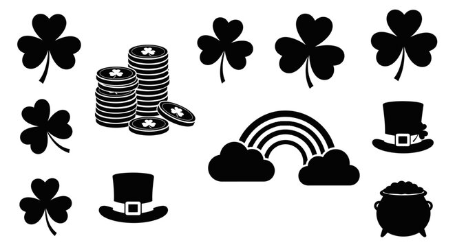 St patrick's day symbols and icons black silhouettes on white background luck shamrocks leprechaun hats rainbow pot of gold coins