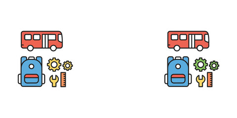 Fototapeta premium School bus and backpack with tools vector icons