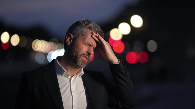 Stressed business man suffering from intense stress at night. Headache office worker overwhelmed by constant stress and pressure. Stressed man in suit touching his head because of stress.