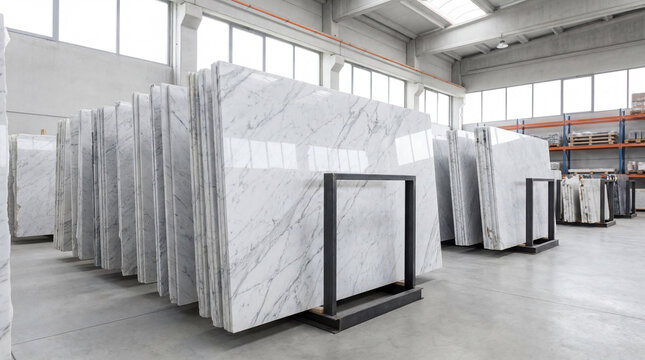 Rows of polished white marble slabs with elegant gray veining displayed in a modern industrial stone warehouse