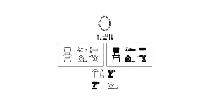 Flat pack furniture assembly icons with tools