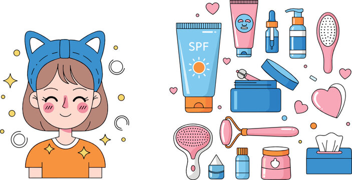 Cute skincare and self care illustration with girl cosmetic products sunscreen serum and beauty tools pastel flat vector design for wellness and lifestyle projects