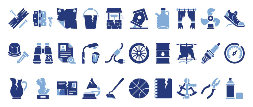 Set of broken icons. Damaged tools, items, household objects, malfunction symbols. Vector graphic elements for repair, maintenance, vintage concepts.