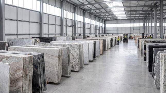 Rows of natural stone slabs (granite, marble, quartz) stored in a modern industrial warehouse with forklifts