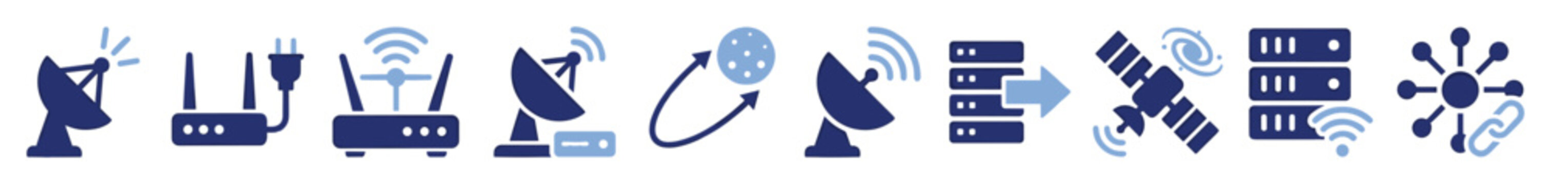 Set of communication icons. Wireless network, internet connection, satellite dish, router, server, data transmission. Global technology symbols for connectivity, ISP, data center, digital signal.