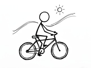 Obraz premium Stick person riding a bicycle on white background, ideal for summer posters, travel blogs, outdoor ads, or websites.