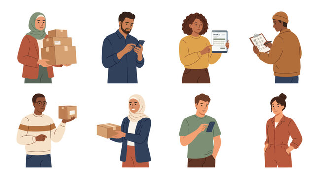 Diverse people with packages and devices, delivery and technology flat illustration