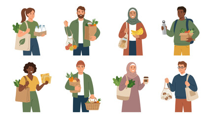 Fototapeta premium Diverse people carrying reusable bags with groceries, flat vector art