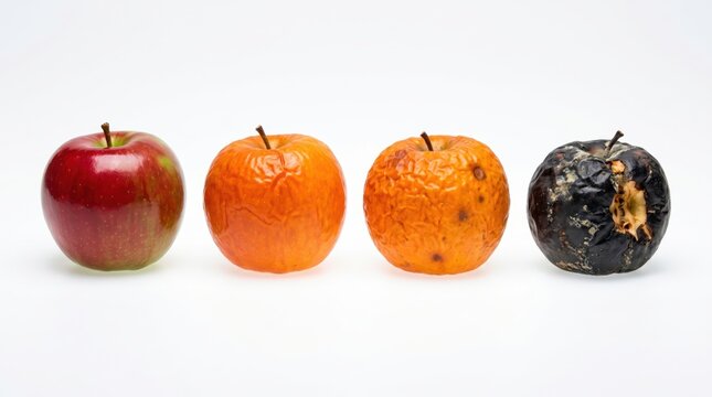 Four apples showing stages of decay and rotting process on white background