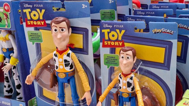 Sheriff woody action figure toys from toy story movie in blister card package hanging on a retail store display shelf on May 18, 2026 in Bangkok, Thailand.