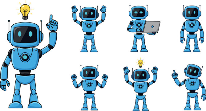 Cute blue robot character set flat vector illustration with friendly AI android mascot showing ideas working on laptop and waving