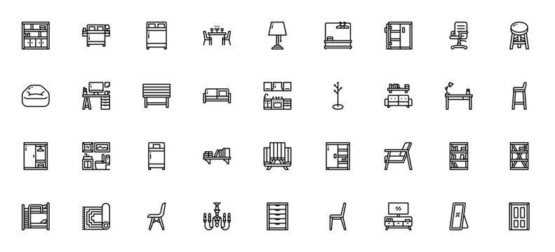 Furniture 1965 icon set. Minimal linear icons. Includes cabinet, double bed, dining table, lamp, rack, sofa, wardrobe, chair, kitchen, living room and more. Editable vector stroke.