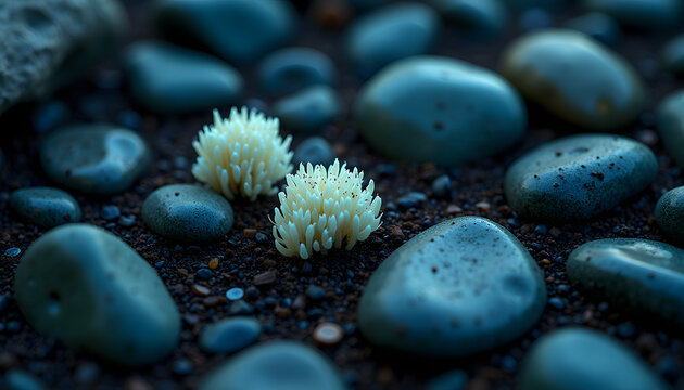 White Spiky Clusters Dark Pebbles Ground Macro