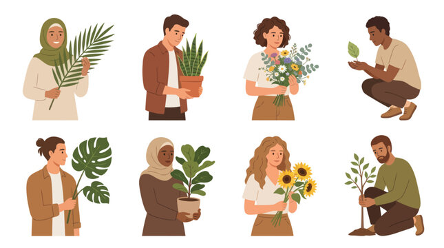 Flat Illustration of Diverse People Caring for Plants, Flowers, and Trees for Nature  Gardening