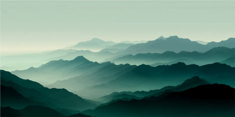 Misty mountain landscape, serene teal and turquoise gradient peaks, tranquil nature background, atmospheric vector illustration for travel and relaxation themes © Ateş