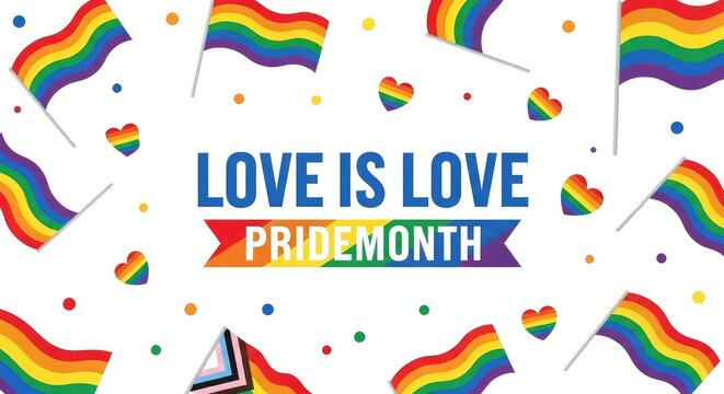Love is love pride month playful template featuring scattered colorful rainbow hearts raining over white background