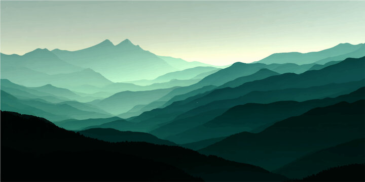 Serene teal mountain landscape vector, a tranquil gradient mountain range illustration, abstract nature background with misty peaks, perfect for peaceful design projects.