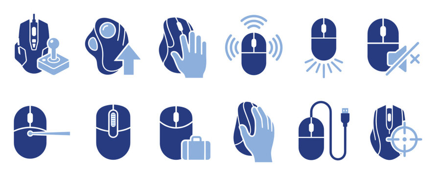 Set of computer mouse icons. Gaming, ergonomic, wireless, optical, silent, portable, wired, and precision input device symbols for web and app interfaces.