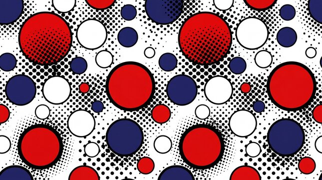 Pop art seamless pattern with red and blue circles, retro halftone dots background, vintage polka dot texture for textile design