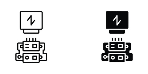 Naklejka premium Simple computer monitor and hub connection icons in black and white