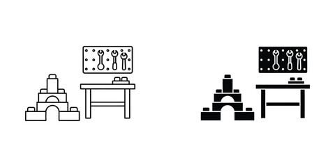Obraz premium Minimalist workbench with tools and lego-like brick