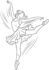 Graceful ballerina in a dynamic pose with flowing fabric during a performance captured in a minimalist line drawing style © PALASH