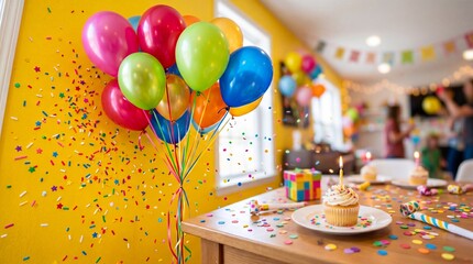 Obraz premium A festive birthday celebration featuring a single cupcake with a lit candle on a wooden table beside a bright yellow wall decorated with colorful balloons and scattered confetti