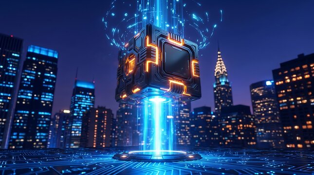 Artificial Intelligence Data Cube powering a Smart City's global network, representing digital transformation and secure future technology innovation.