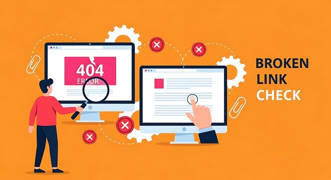 Person checking broken links on computer screen with error message