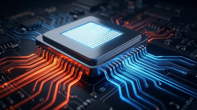 Artificial Intelligence Microchip Processing Big Data for Futuristic Machine Learning and Quantum Computing Technology Network Connection Background